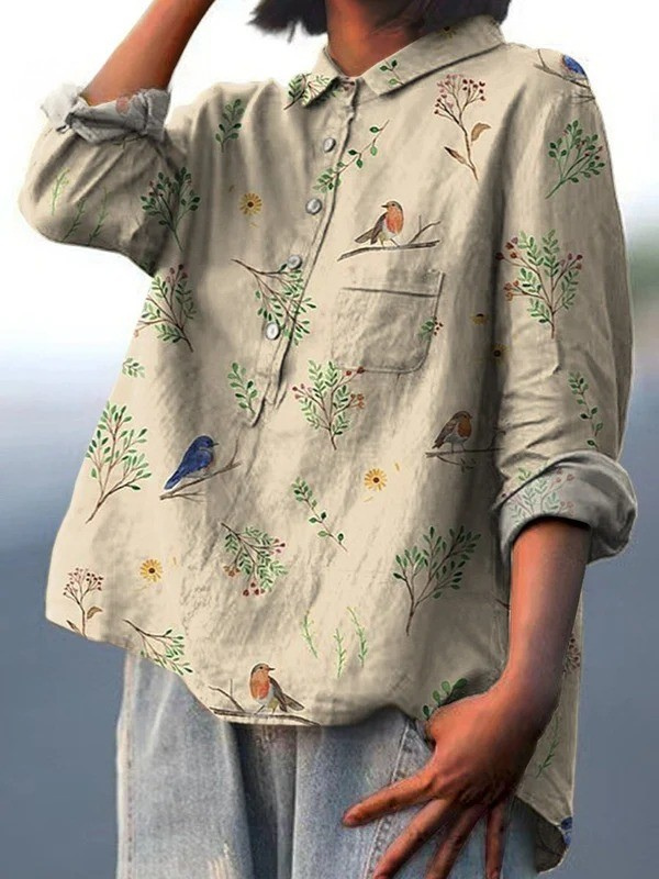 Karin | Luchtige Blouse met Vogel- en Bloemenprint