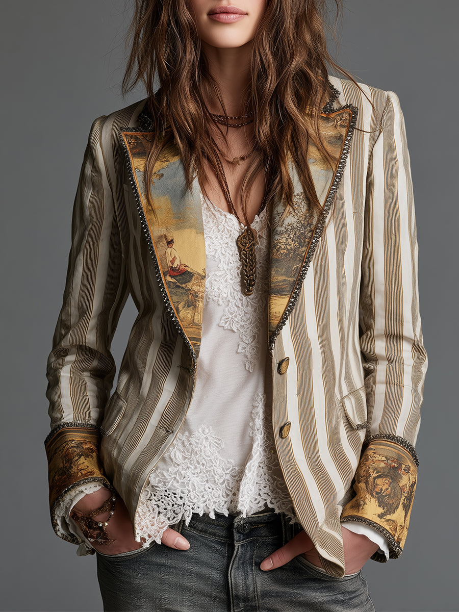 Dieuwertje | Gestreepte Blazer met Kunstprint
