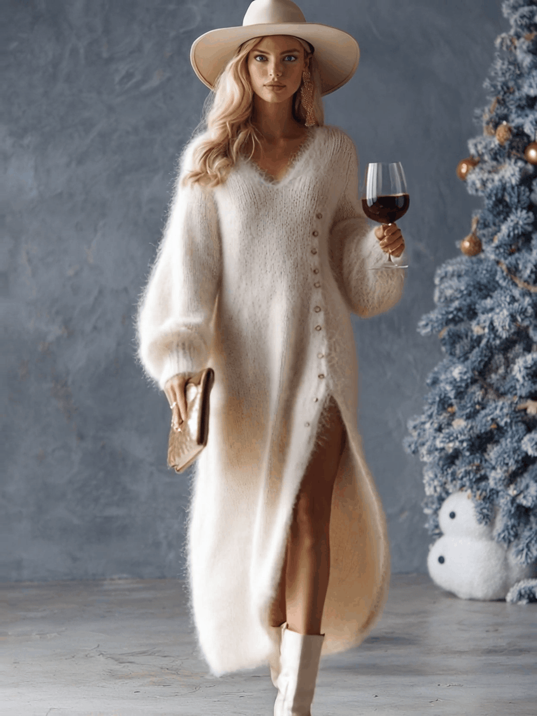 Katinka | Zachte Gebreide Midi-jurk met Knoopdetail