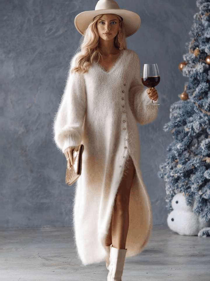 Katinka | Zachte Gebreide Midi-jurk met Knoopdetail