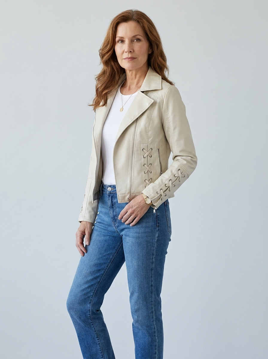 Ingrid | Soepel Bikerjack met Rijgdetails