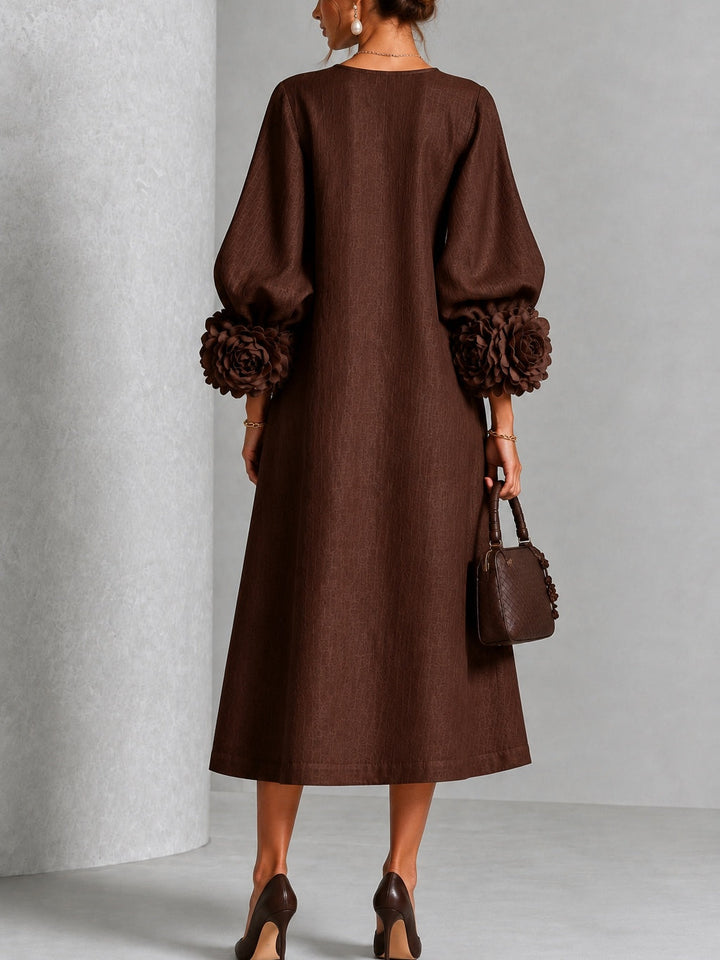Elly | Elegante Midi-jurk met Bloemenmanchetten