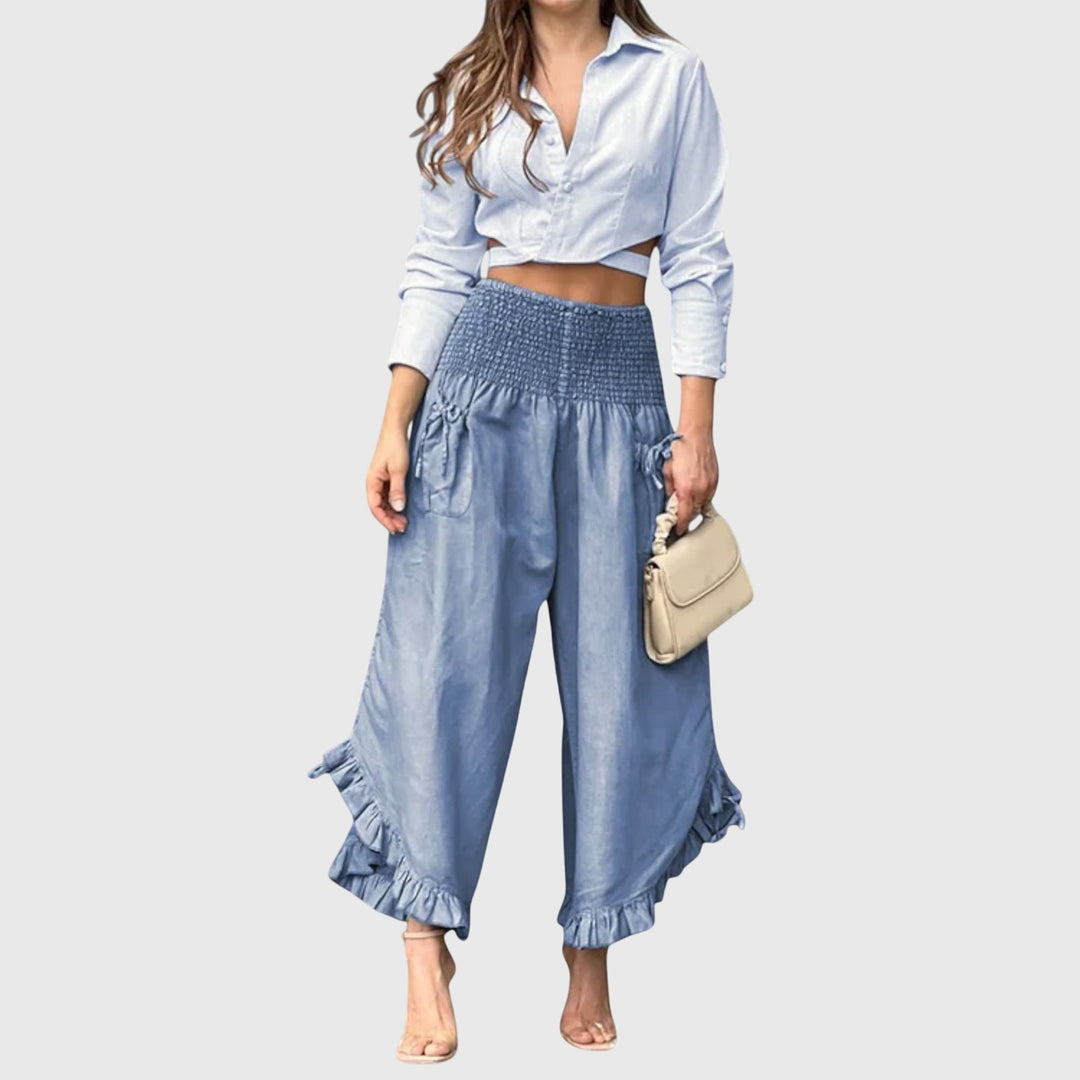 Rosa | Luchtige Wijde Broek met Sierlijke Ruches