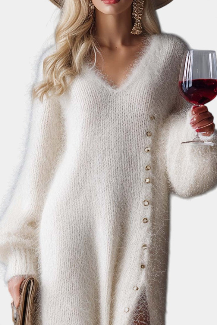Katinka | Zachte Gebreide Midi-jurk met Knoopdetail