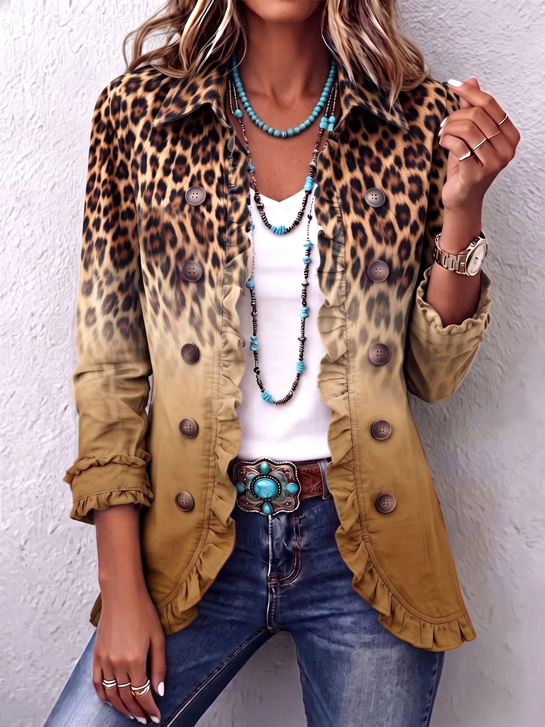 Cato | Sierlijke Ruche Blazer met Ombré-print