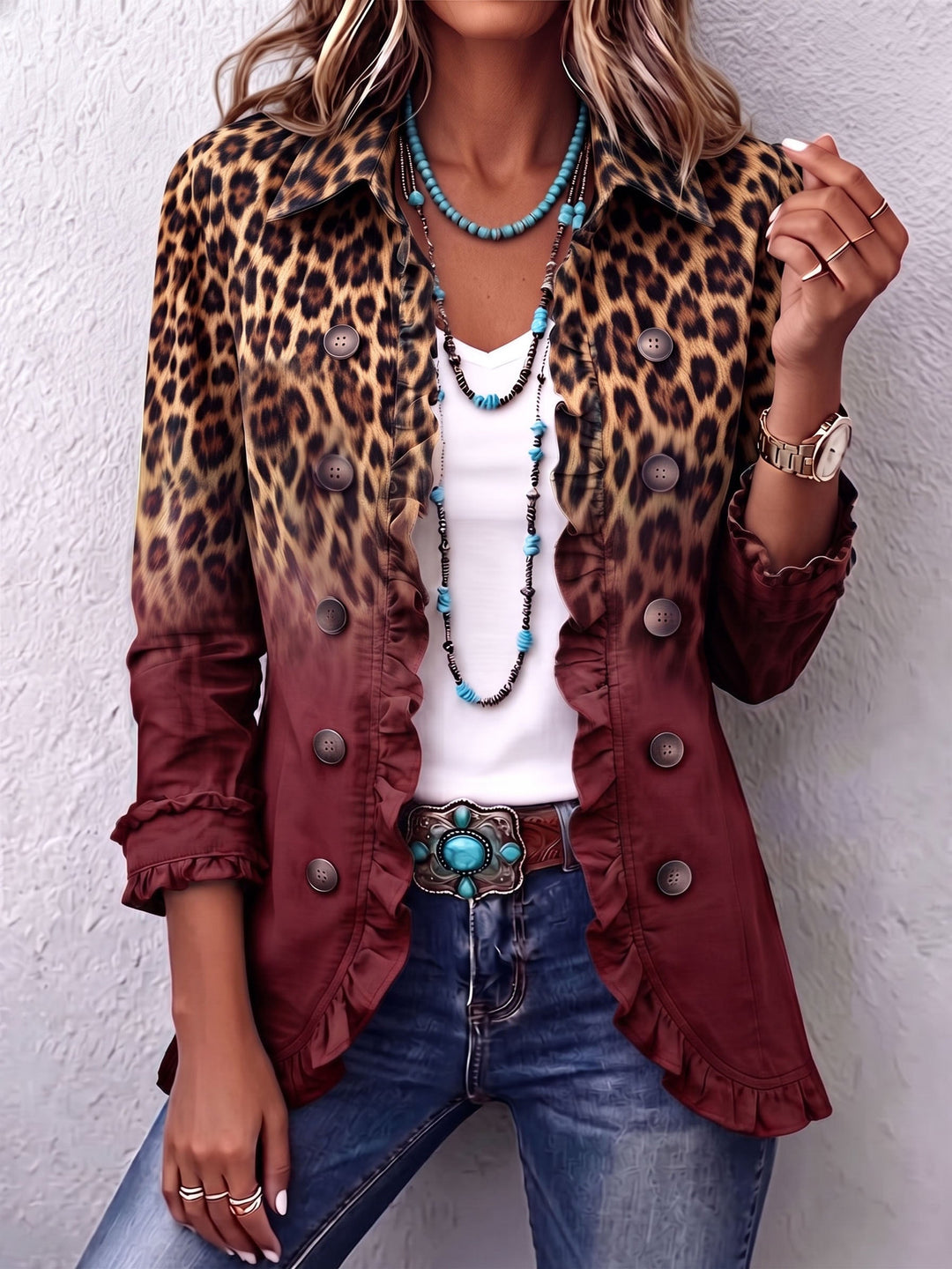 Cato | Sierlijke Ruche Blazer met Ombré-print